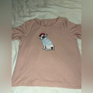 Talbots Petites XLp Pink Slub Cotton Tee Sequined French Bulldog Beret Novelty